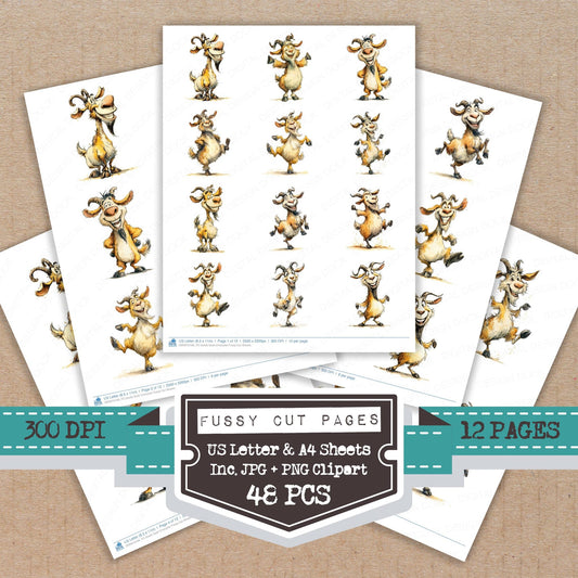 Goofy Goat Character fussy cut printable sheets for junk journaling, scrapbooking, and paper craft projects