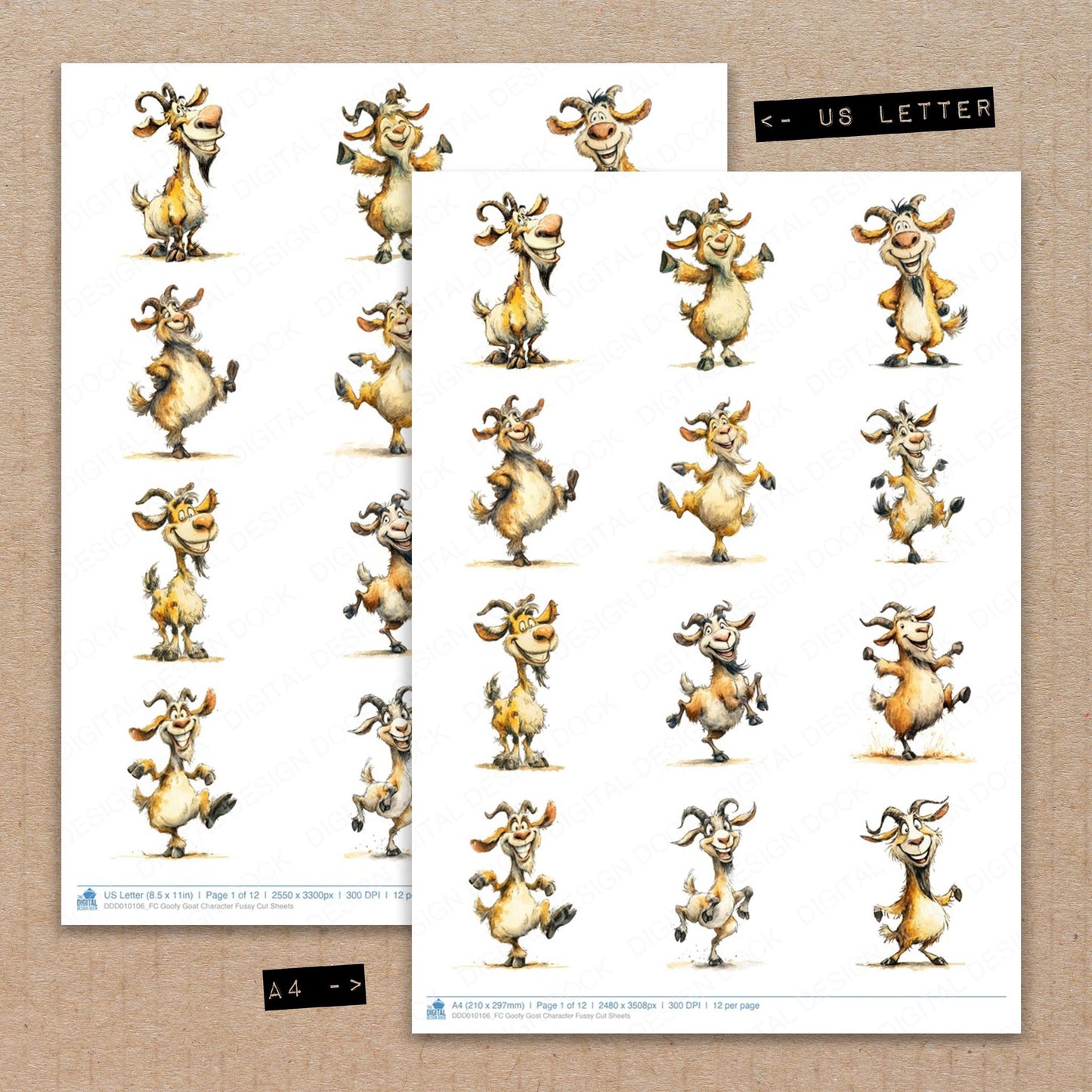 A4 and US Letter format comparison showing Goofy Goat Character fussy cut pages for print and cut crafting