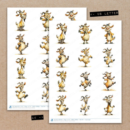 A4 and US Letter format comparison showing Goofy Goat Character fussy cut pages for print and cut crafting
