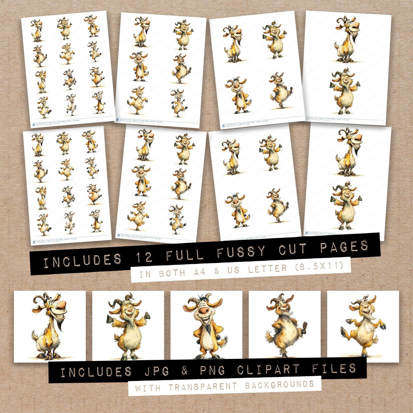 Full collection view of Goofy Goat Character fussy cut sheets with bonus clipart JPG and PNG files