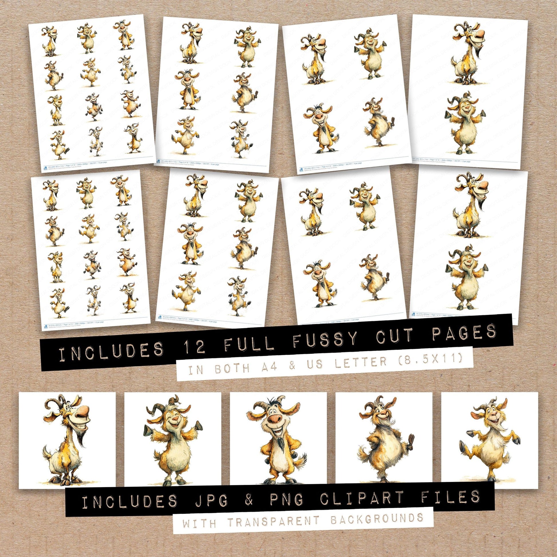 Full collection view of Goofy Goat Character fussy cut sheets with bonus clipart JPG and PNG files