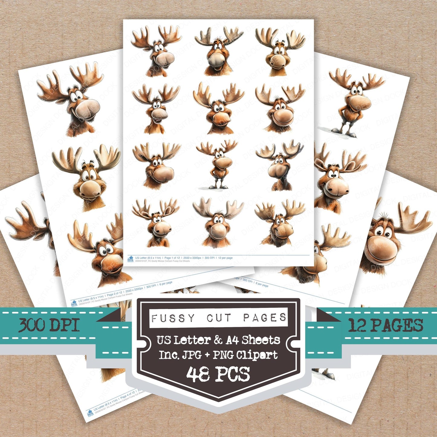 Goofy Moose Cartoon fussy cut printable sheets for junk journaling, scrapbooking, and paper craft projects