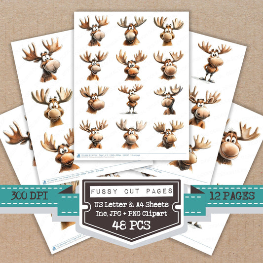 Goofy Moose Cartoon fussy cut printable sheets for junk journaling, scrapbooking, and paper craft projects