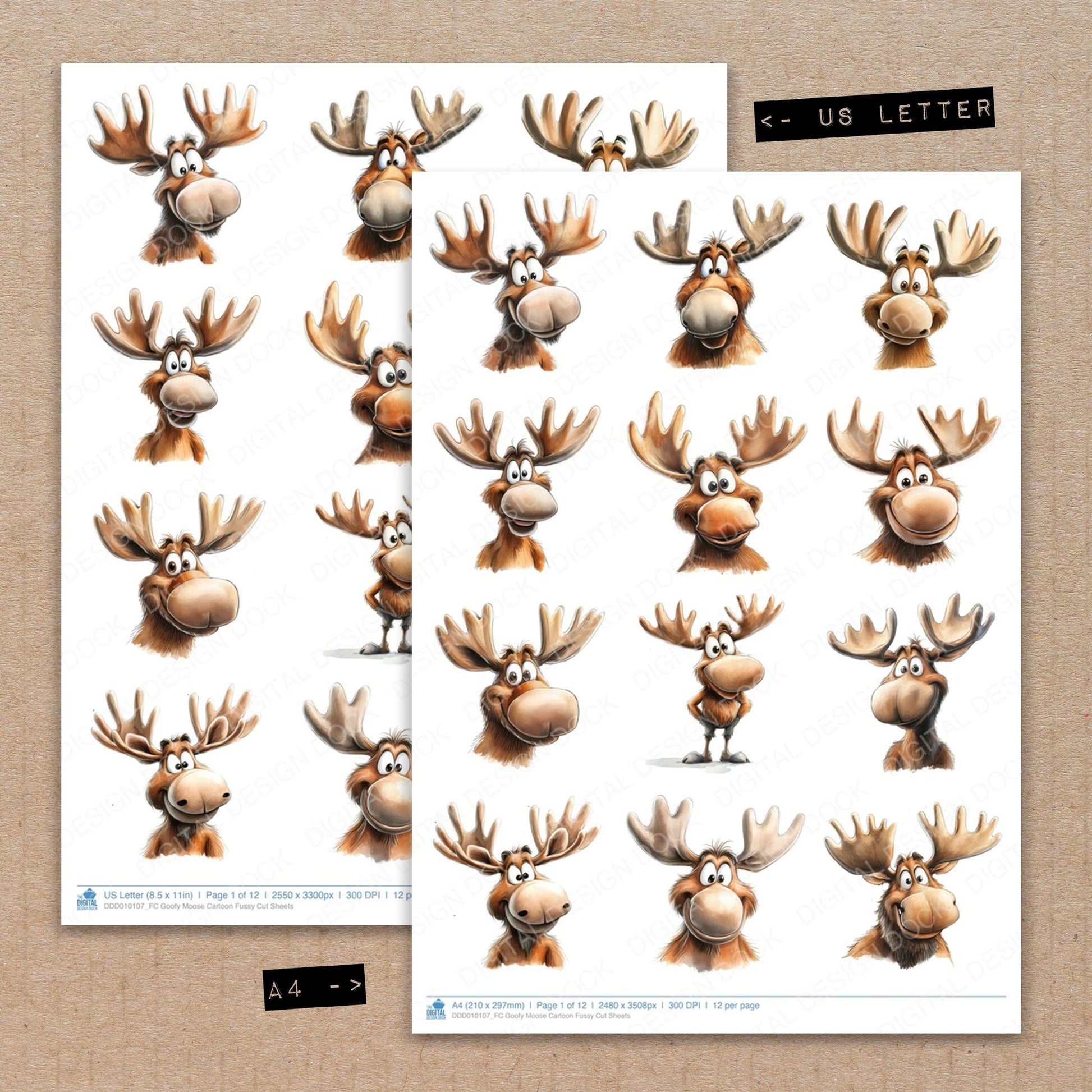 A4 and US Letter format comparison showing Goofy Moose Cartoon fussy cut pages for print and cut crafting