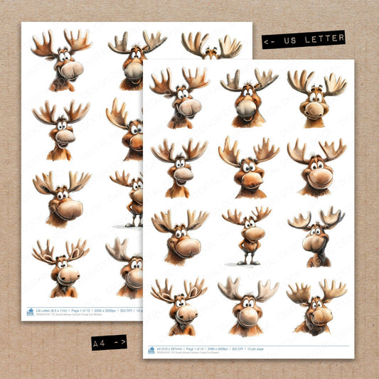 A4 and US Letter format comparison showing Goofy Moose Cartoon fussy cut pages for print and cut crafting