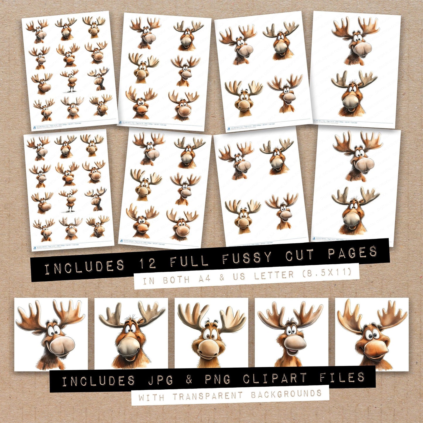 Full collection view of Goofy Moose Cartoon fussy cut sheets with bonus clipart JPG and PNG files