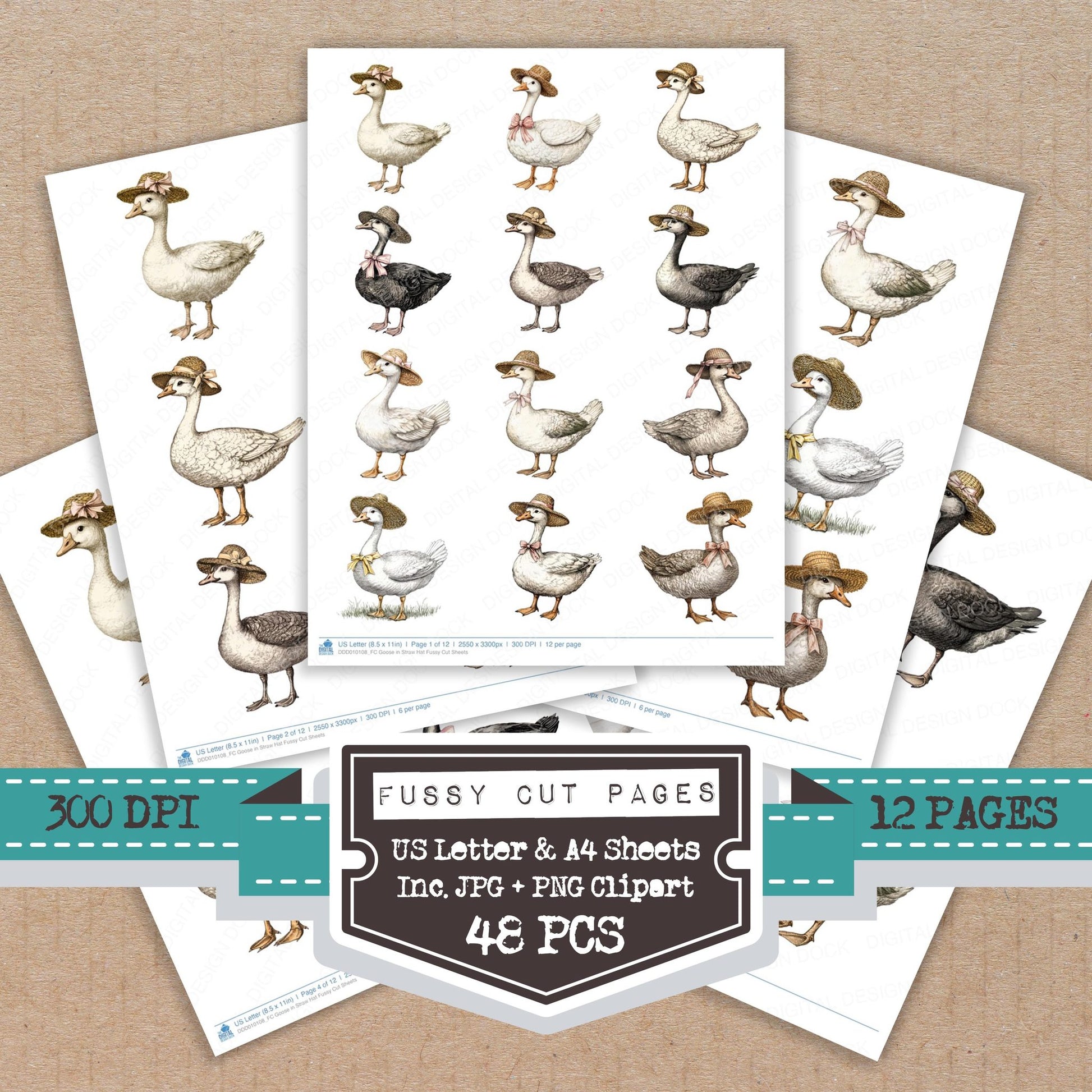 Goose in Straw Hat fussy cut printable sheets for junk journaling, scrapbooking, and paper craft projects
