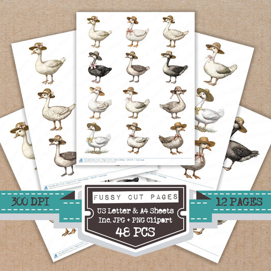 Goose in Straw Hat fussy cut printable sheets for junk journaling, scrapbooking, and paper craft projects