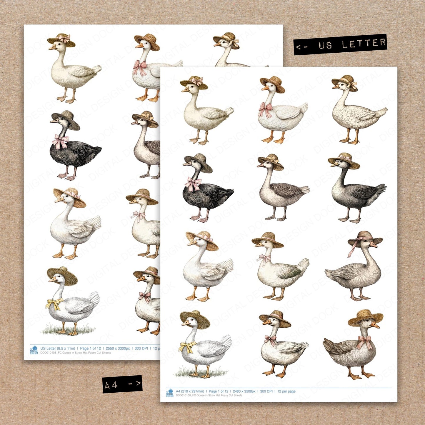 A4 and US Letter format comparison showing Goose in Straw Hat fussy cut pages for print and cut crafting