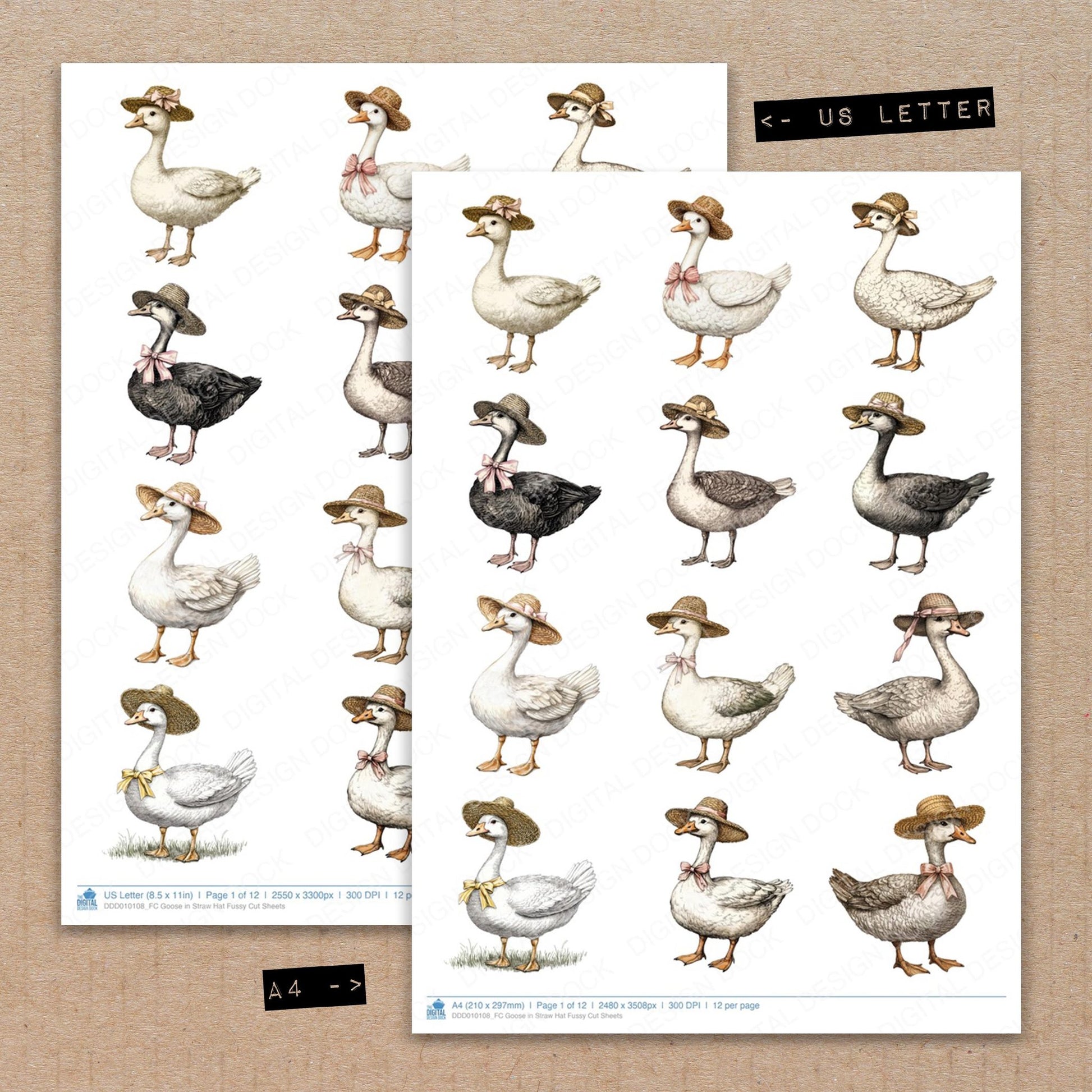 A4 and US Letter format comparison showing Goose in Straw Hat fussy cut pages for print and cut crafting