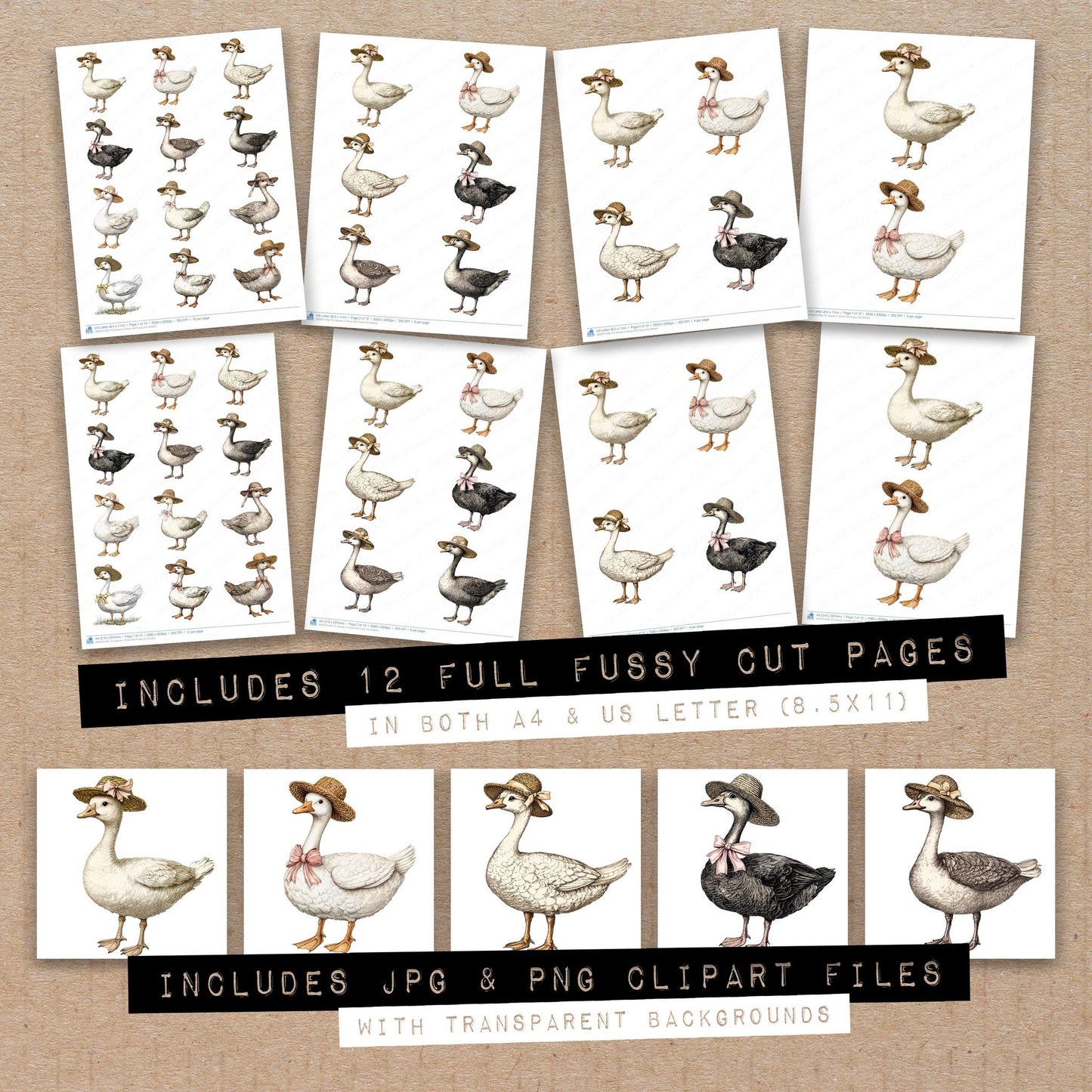 Full collection view of Goose in Straw Hat fussy cut sheets with bonus clipart JPG and PNG files