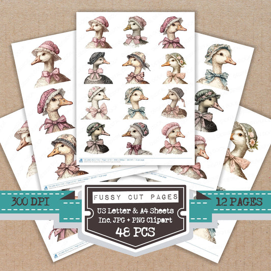Goose with Bonnet Portrait fussy cut printable sheets for junk journaling, scrapbooking, and paper craft projects