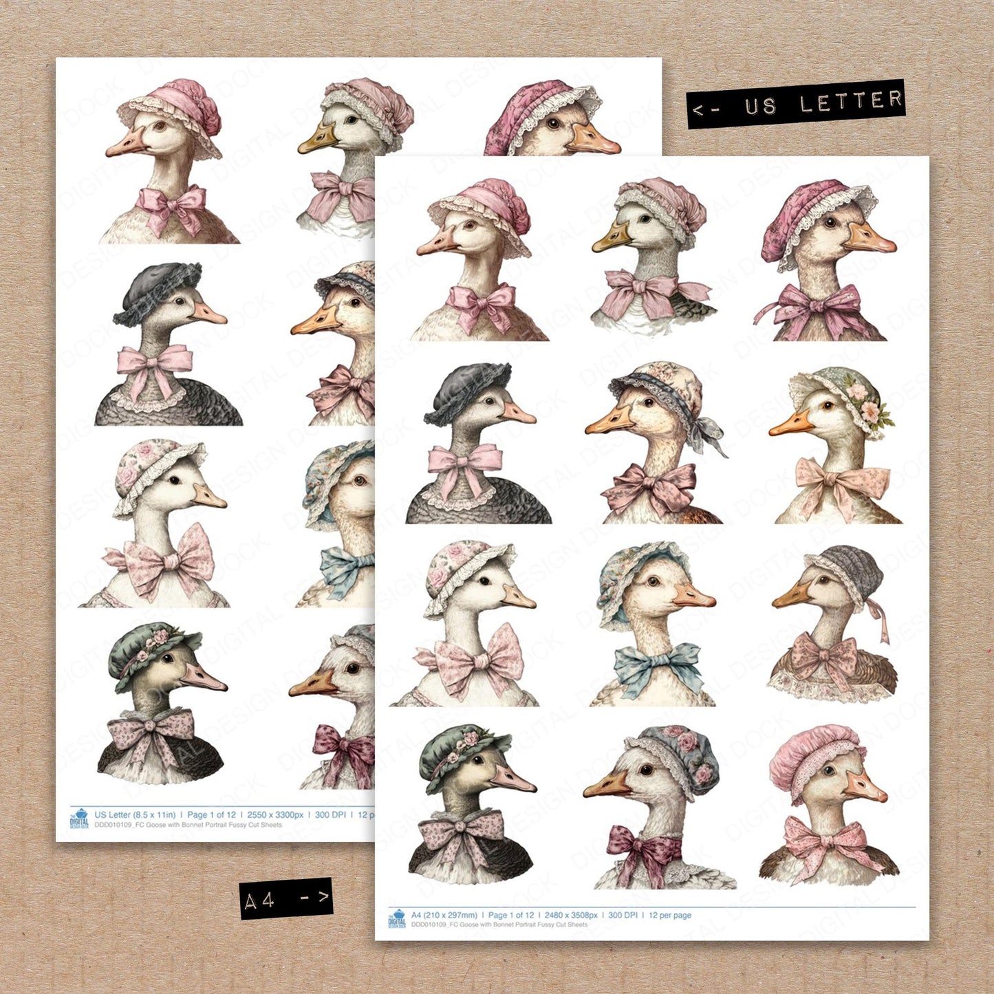 A4 and US Letter format comparison showing Goose with Bonnet Portrait fussy cut pages for print and cut crafting