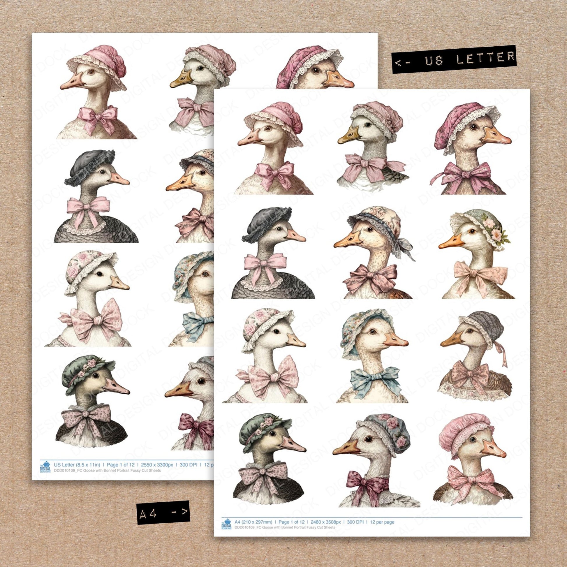 A4 and US Letter format comparison showing Goose with Bonnet Portrait fussy cut pages for print and cut crafting