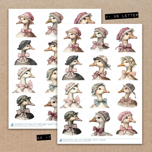 A4 and US Letter format comparison showing Goose with Bonnet Portrait fussy cut pages for print and cut crafting