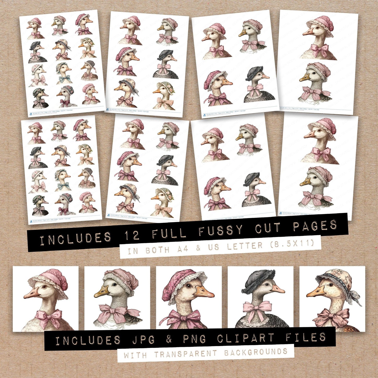 Full collection view of Goose with Bonnet Portrait fussy cut sheets with bonus clipart JPG and PNG files