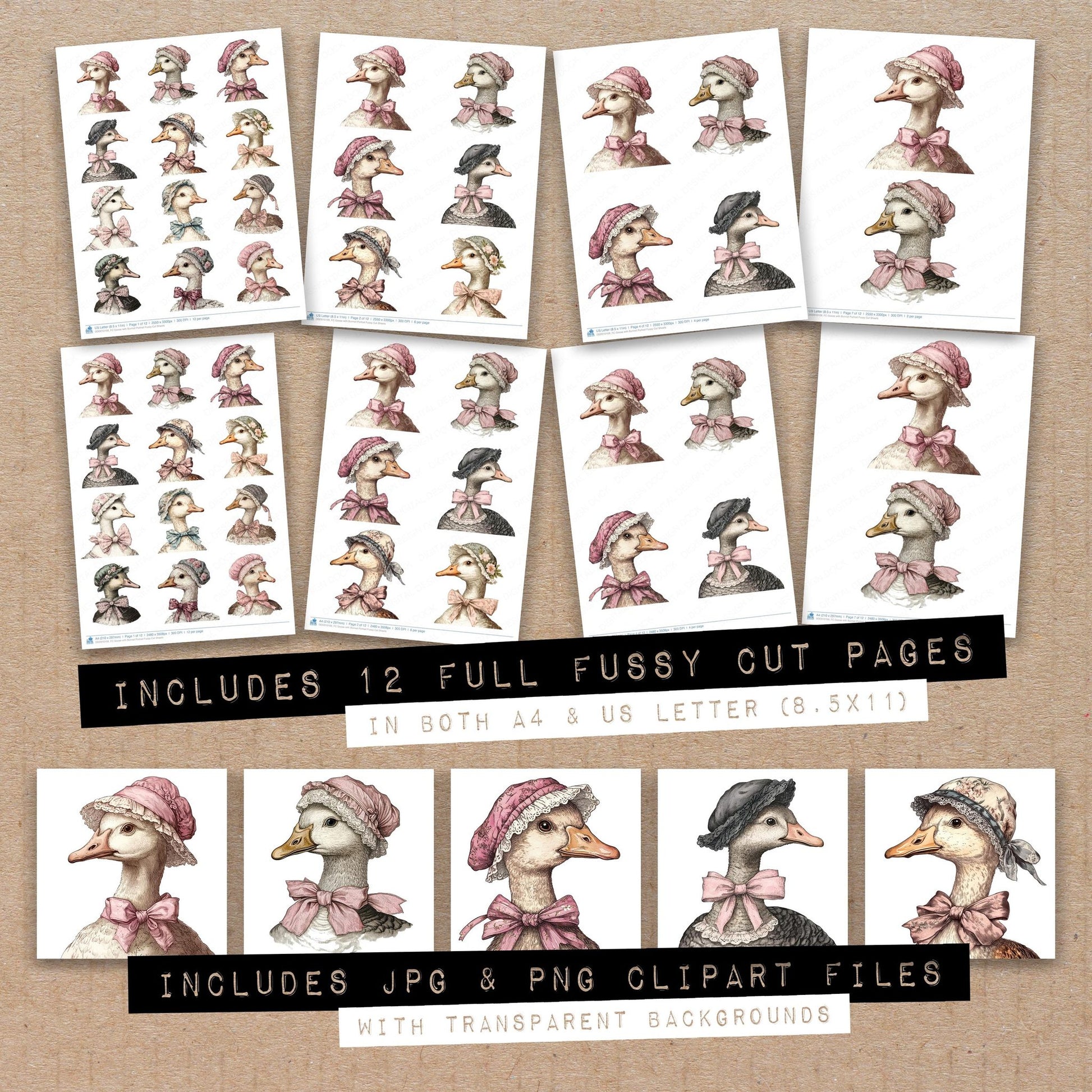 Full collection view of Goose with Bonnet Portrait fussy cut sheets with bonus clipart JPG and PNG files