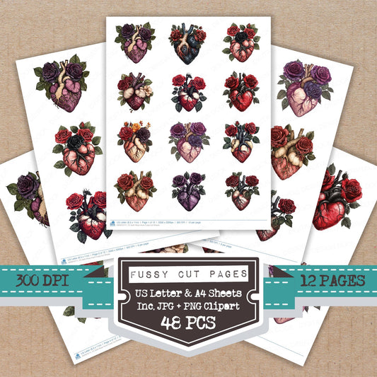 Goth Rose Heart fussy cut printable sheets for junk journaling, scrapbooking, and paper craft projects