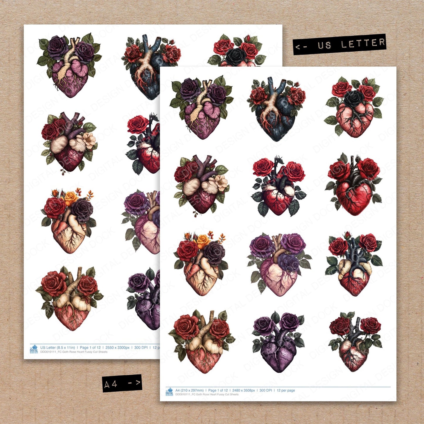 A4 and US Letter format comparison showing Goth Rose Heart fussy cut pages for print and cut crafting