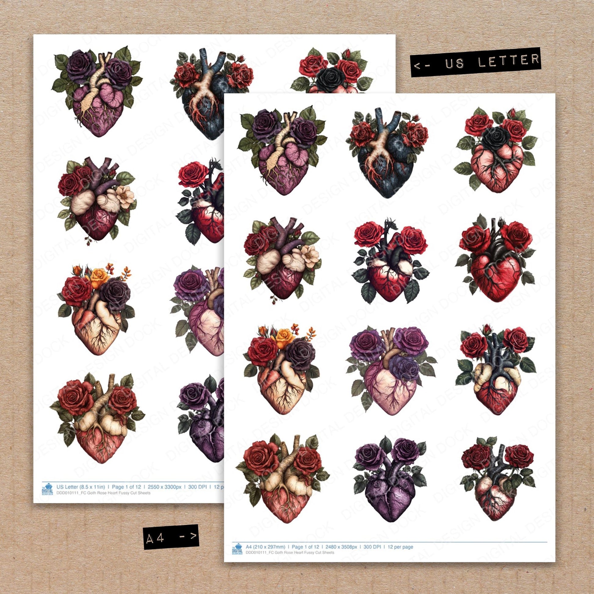 A4 and US Letter format comparison showing Goth Rose Heart fussy cut pages for print and cut crafting