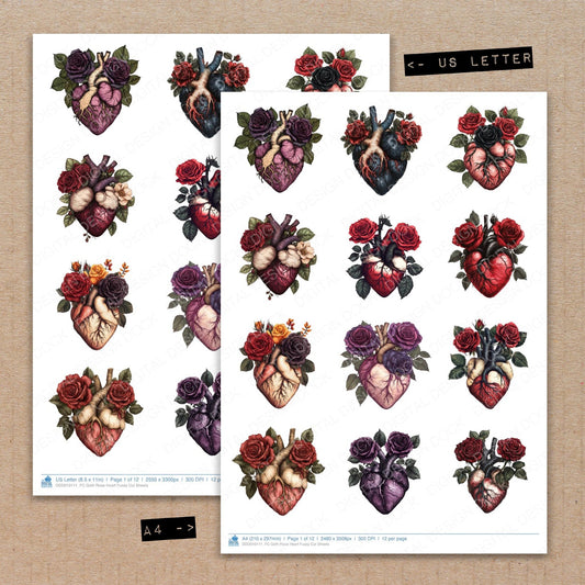 A4 and US Letter format comparison showing Goth Rose Heart fussy cut pages for print and cut crafting