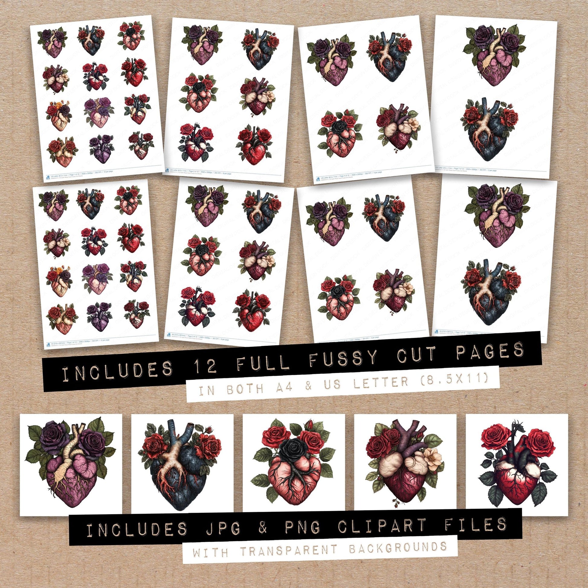 Full collection view of Goth Rose Heart fussy cut sheets with bonus clipart JPG and PNG files