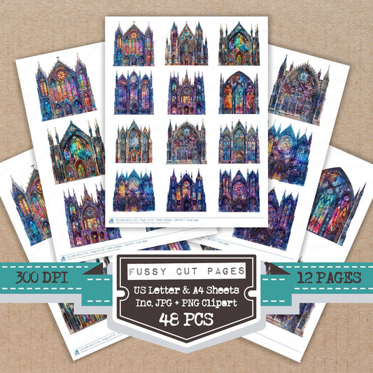 Gothic Cathedral Stained Glass fussy cut printable sheets for junk journaling, scrapbooking, and paper craft projects