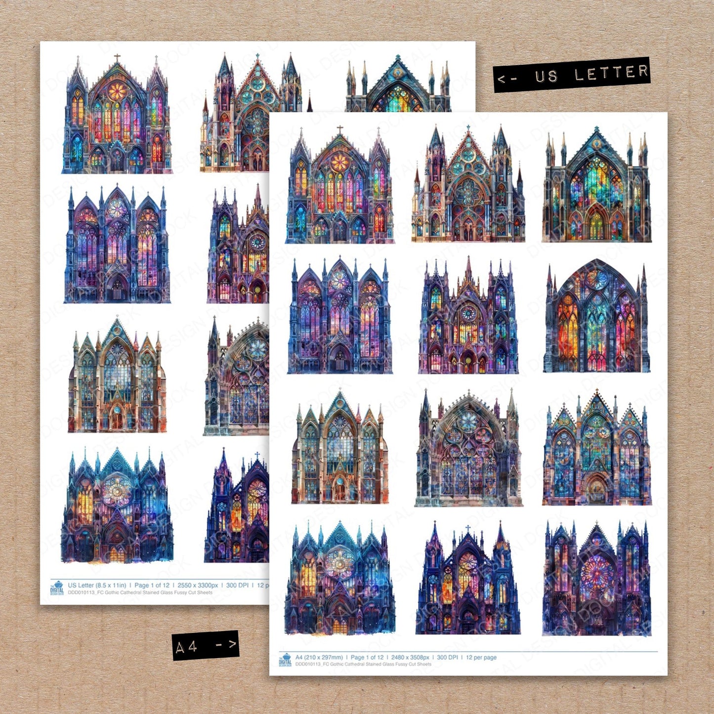 A4 and US Letter format comparison showing Gothic Cathedral Stained Glass fussy cut pages for print and cut crafting