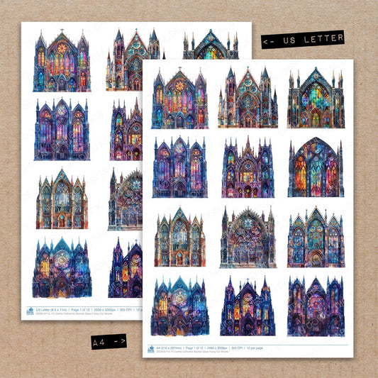 A4 and US Letter format comparison showing Gothic Cathedral Stained Glass fussy cut pages for print and cut crafting