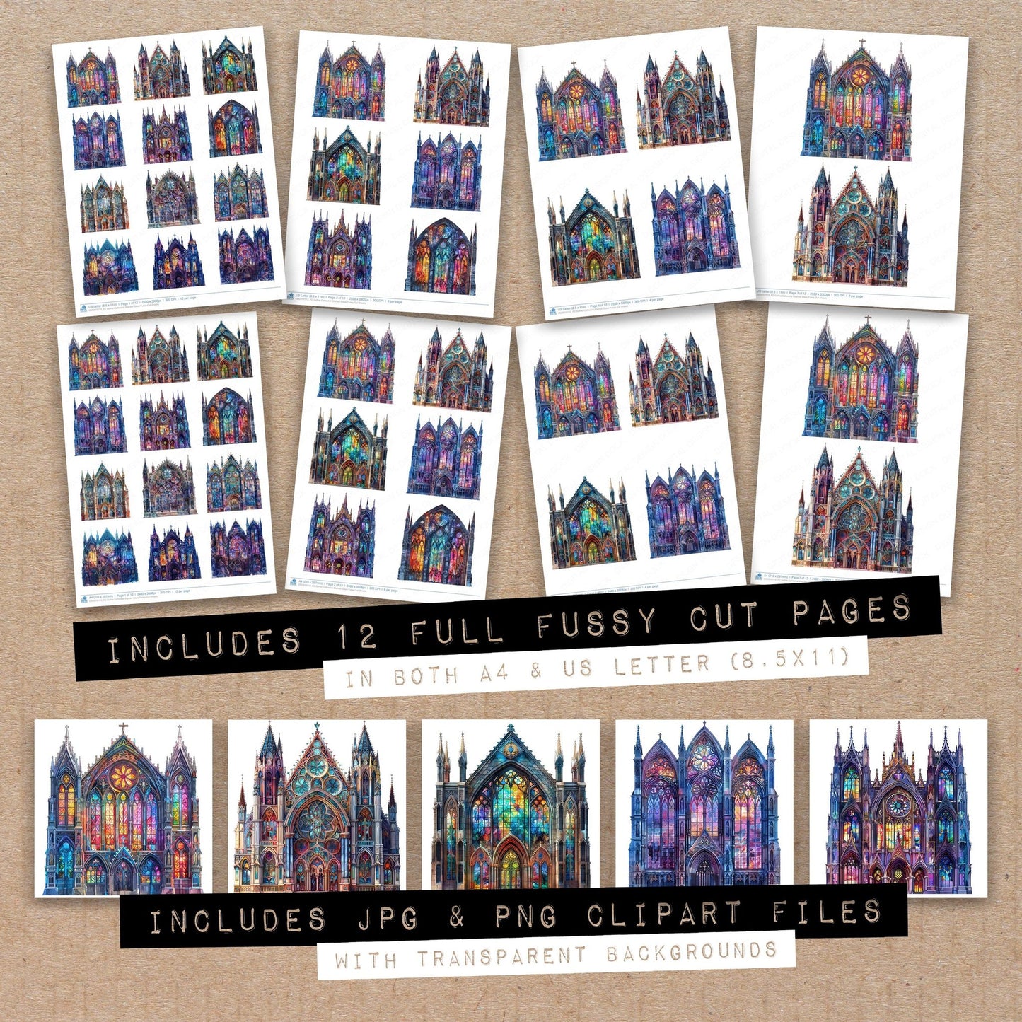 Full collection view of Gothic Cathedral Stained Glass fussy cut sheets with bonus clipart JPG and PNG files