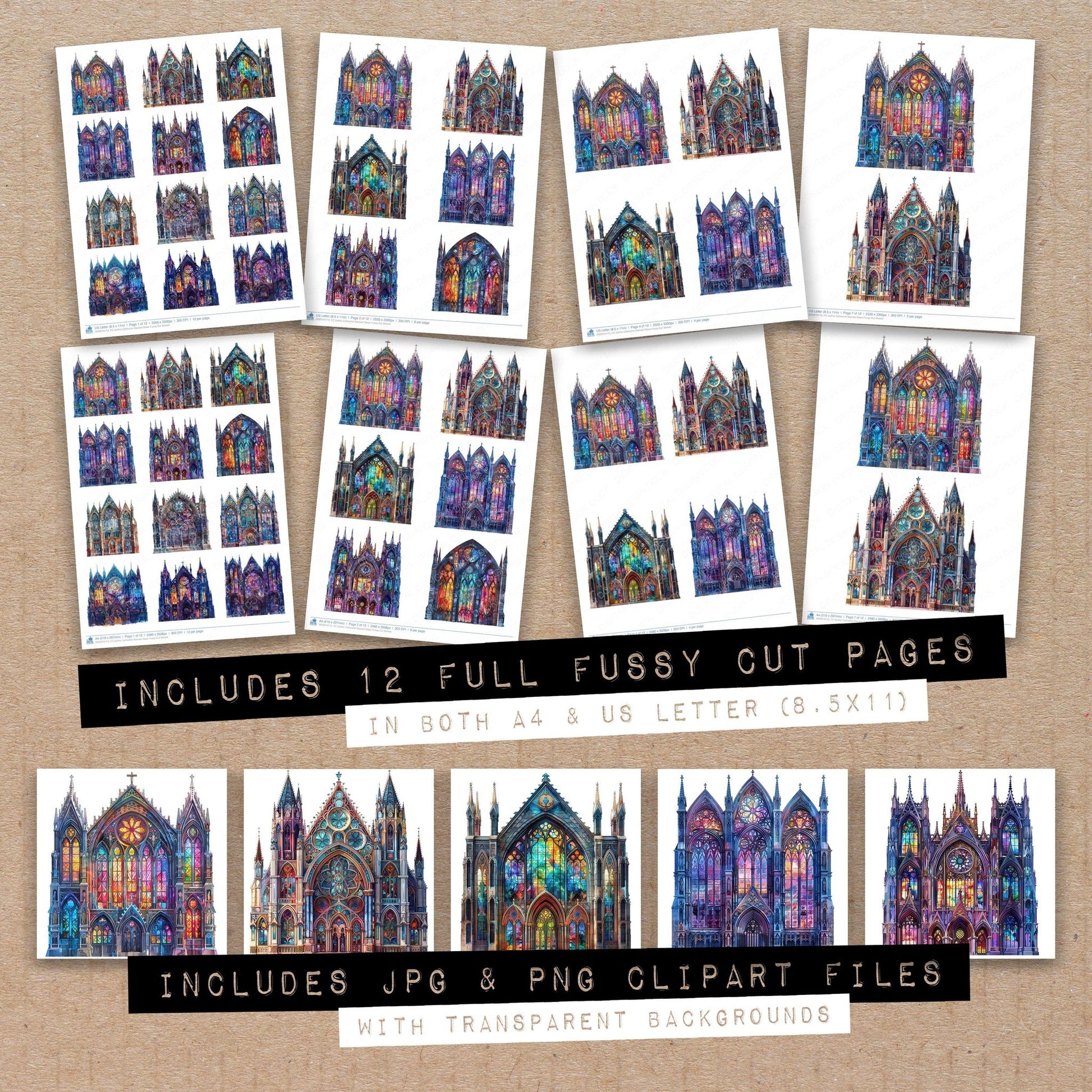Full collection view of Gothic Cathedral Stained Glass fussy cut sheets with bonus clipart JPG and PNG files