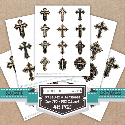 Gothic Cross fussy cut printable sheets for junk journaling, scrapbooking, and paper craft projects