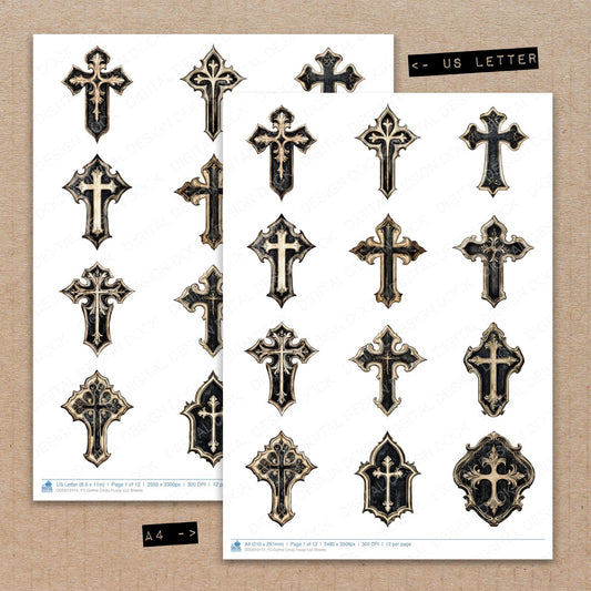 A4 and US Letter format comparison showing Gothic Cross fussy cut pages for print and cut crafting