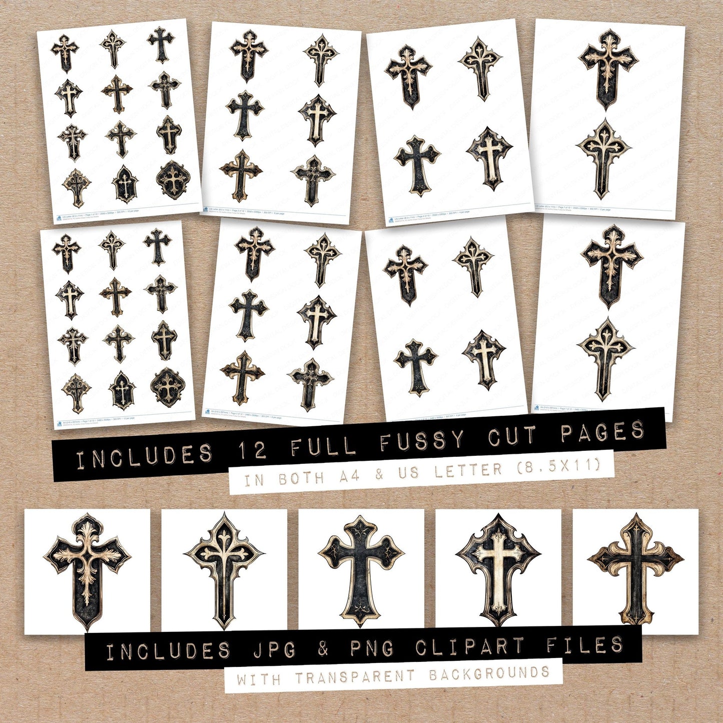 Full collection view of Gothic Cross fussy cut sheets with bonus clipart JPG and PNG files