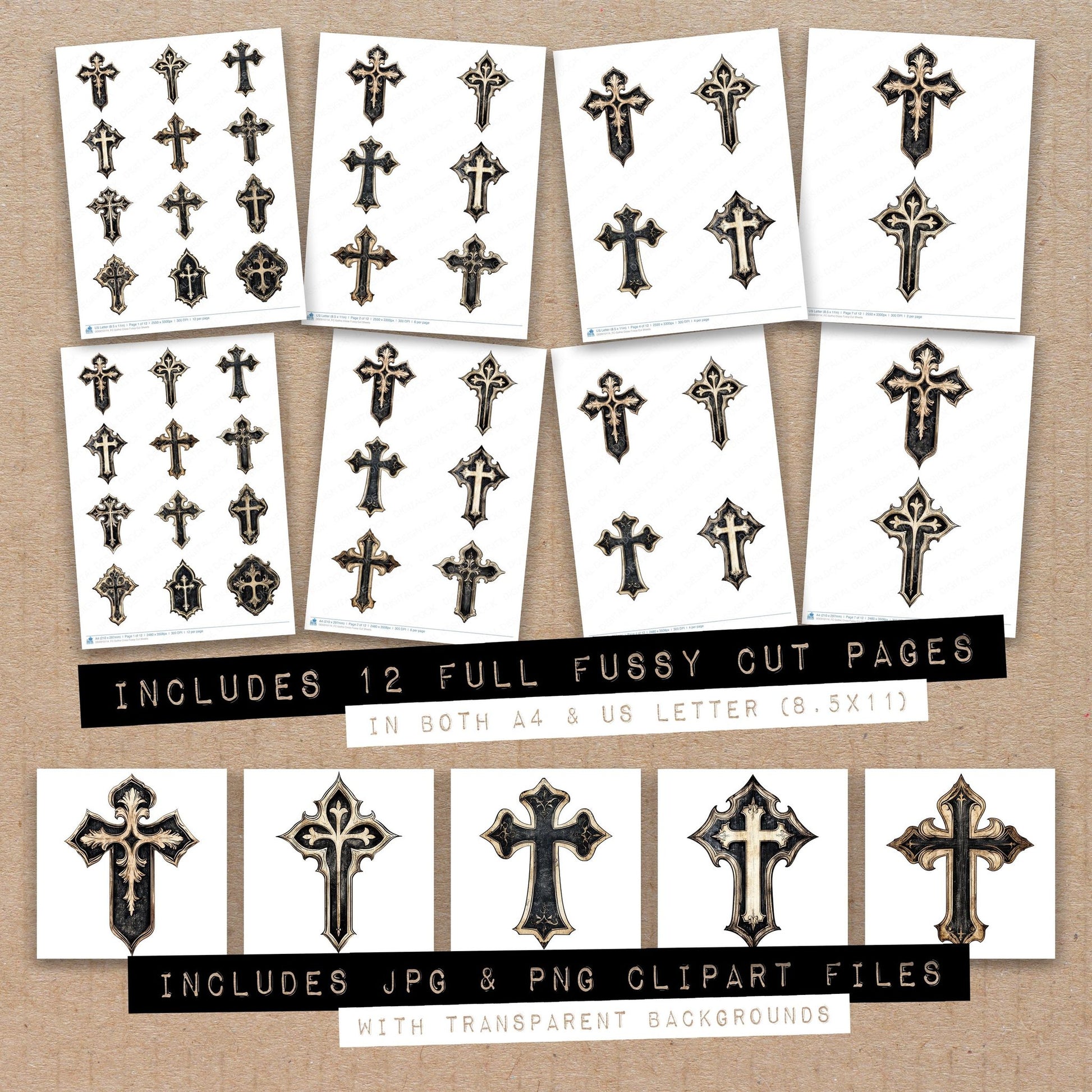 Full collection view of Gothic Cross fussy cut sheets with bonus clipart JPG and PNG files