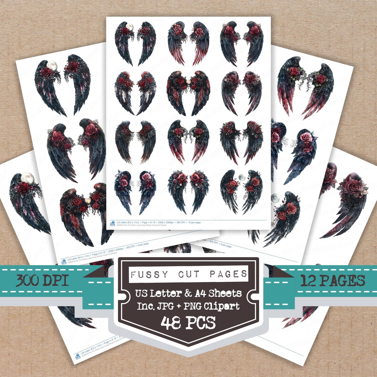 Gothic Lace Angel Wings fussy cut printable sheets for junk journaling, scrapbooking, and paper craft projects