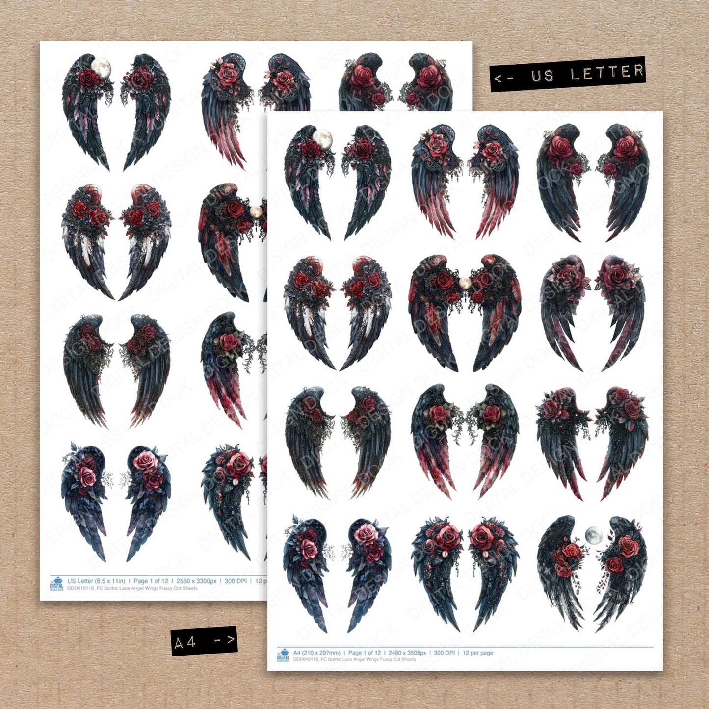 A4 and US Letter format comparison showing Gothic Lace Angel Wings fussy cut pages for print and cut crafting