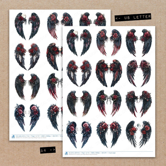 A4 and US Letter format comparison showing Gothic Lace Angel Wings fussy cut pages for print and cut crafting