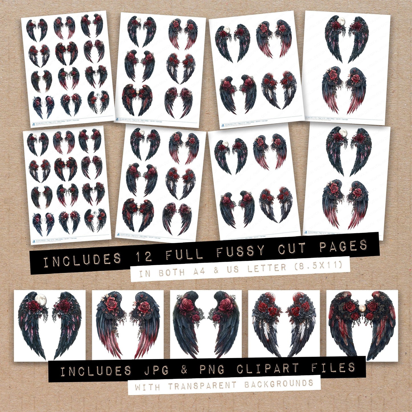 Full collection view of Gothic Lace Angel Wings fussy cut sheets with bonus clipart JPG and PNG files