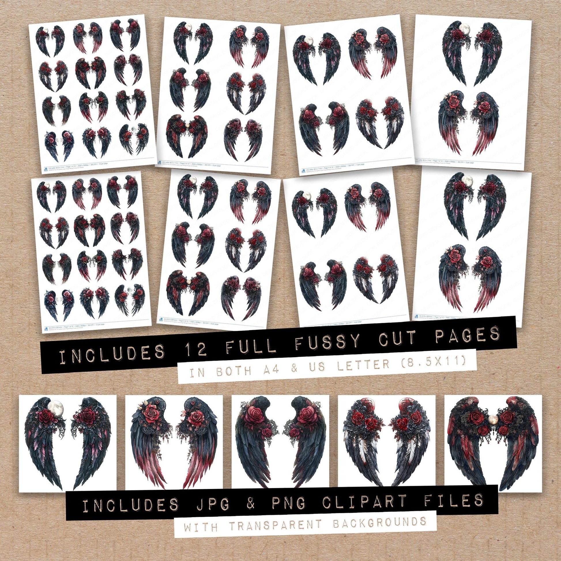 Full collection view of Gothic Lace Angel Wings fussy cut sheets with bonus clipart JPG and PNG files
