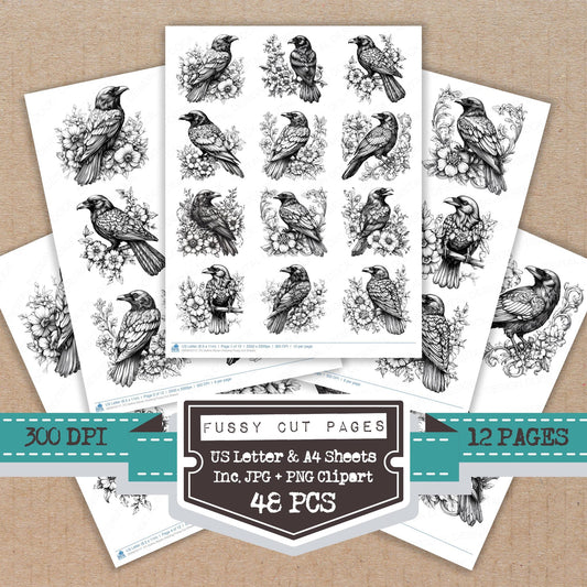 Gothic Raven Drawing fussy cut printable sheets for junk journaling, scrapbooking, and paper craft projects