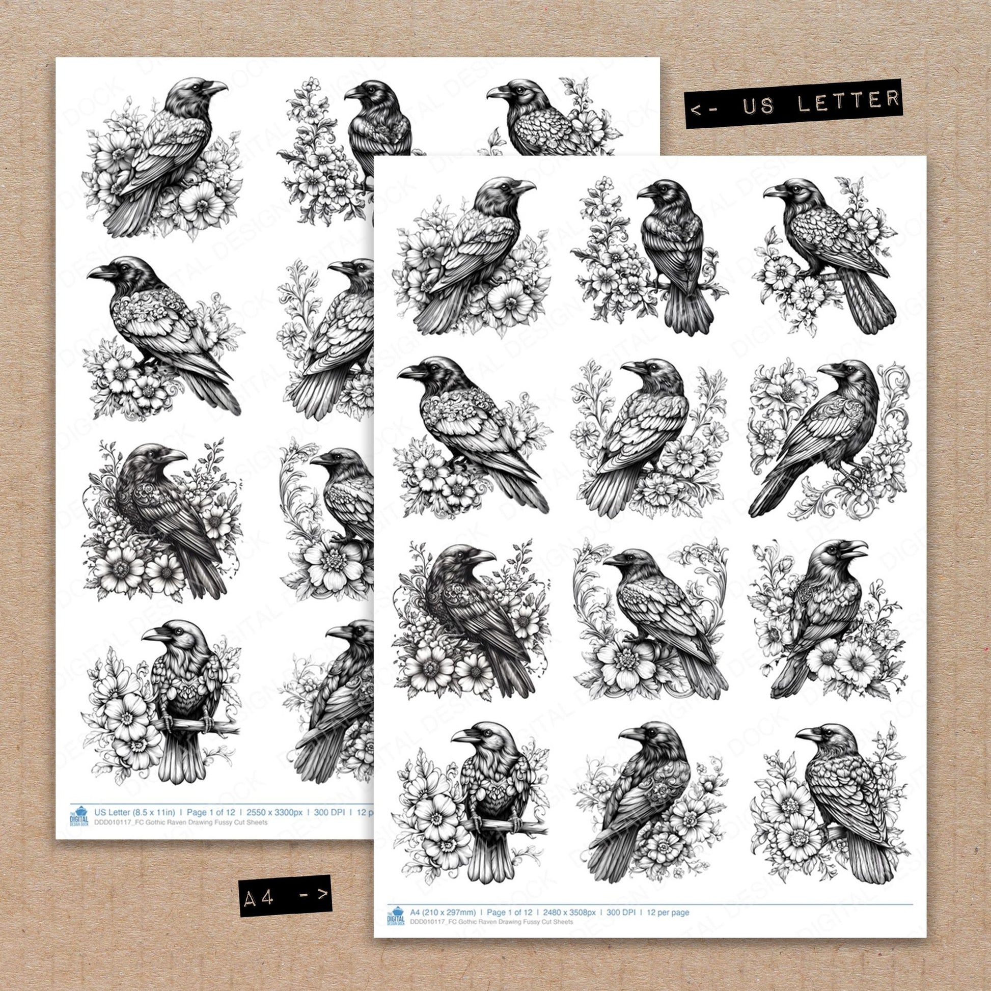 A4 and US Letter format comparison showing Gothic Raven Drawing fussy cut pages for print and cut crafting