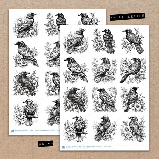 A4 and US Letter format comparison showing Gothic Raven Drawing fussy cut pages for print and cut crafting