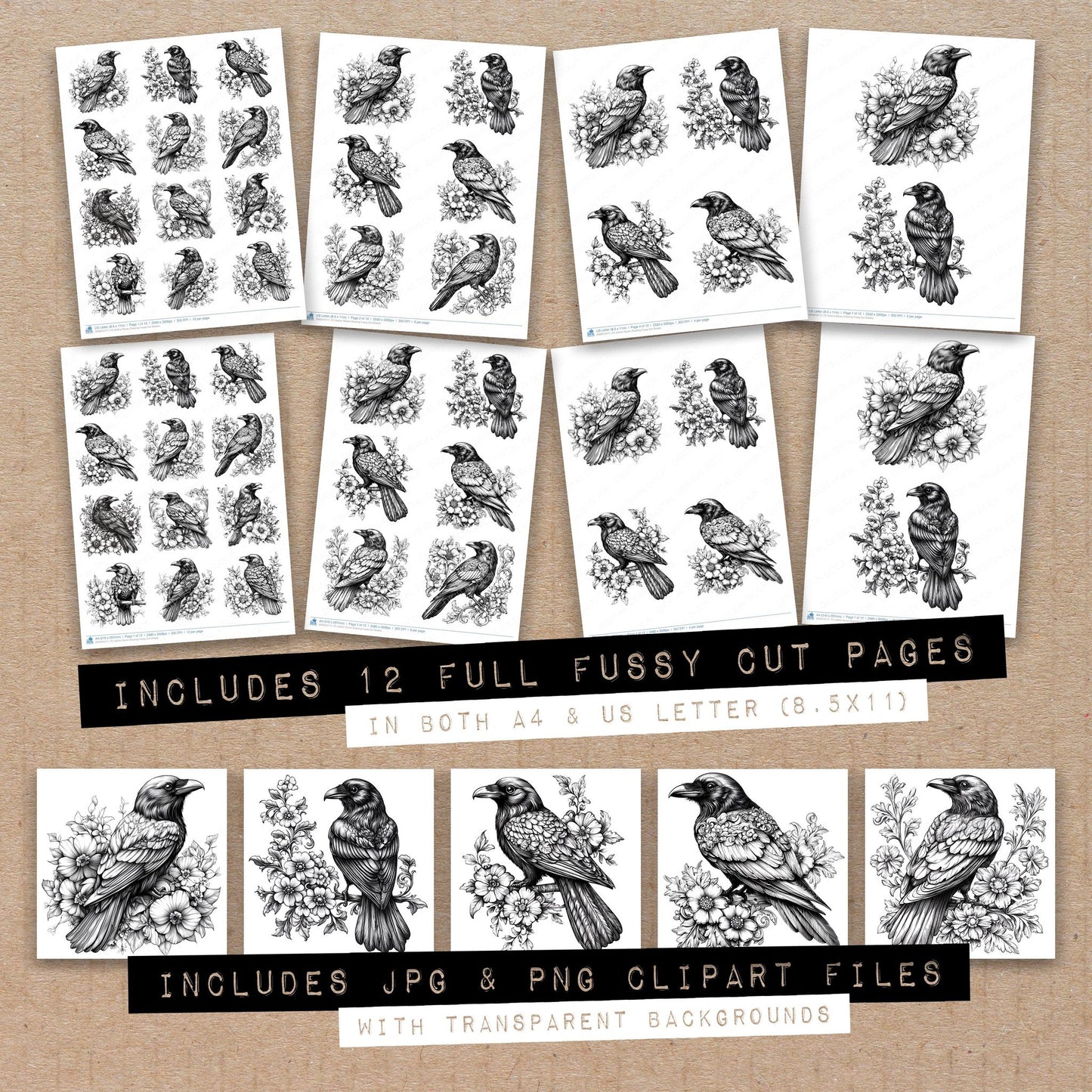 Full collection view of Gothic Raven Drawing fussy cut sheets with bonus clipart JPG and PNG files