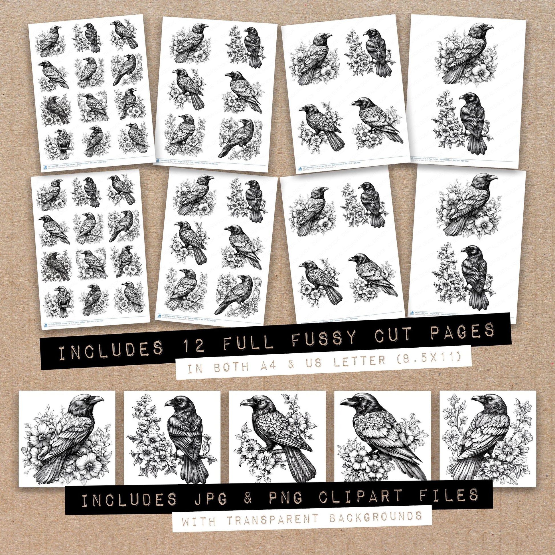 Full collection view of Gothic Raven Drawing fussy cut sheets with bonus clipart JPG and PNG files