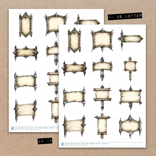 A4 and US Letter format comparison showing Gothic Sign Post fussy cut pages for print and cut crafting