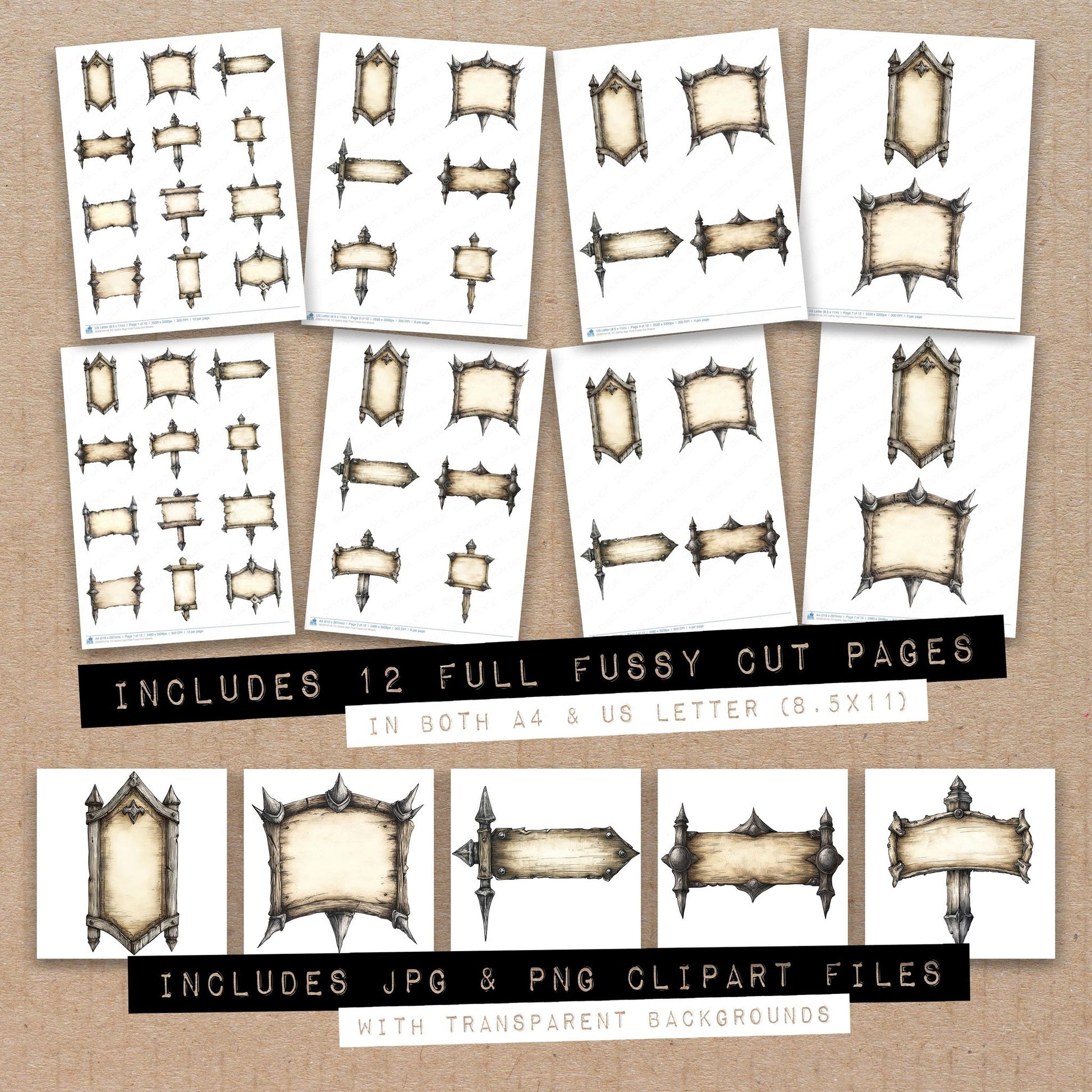 Full collection view of Gothic Sign Post fussy cut sheets with bonus clipart JPG and PNG files
