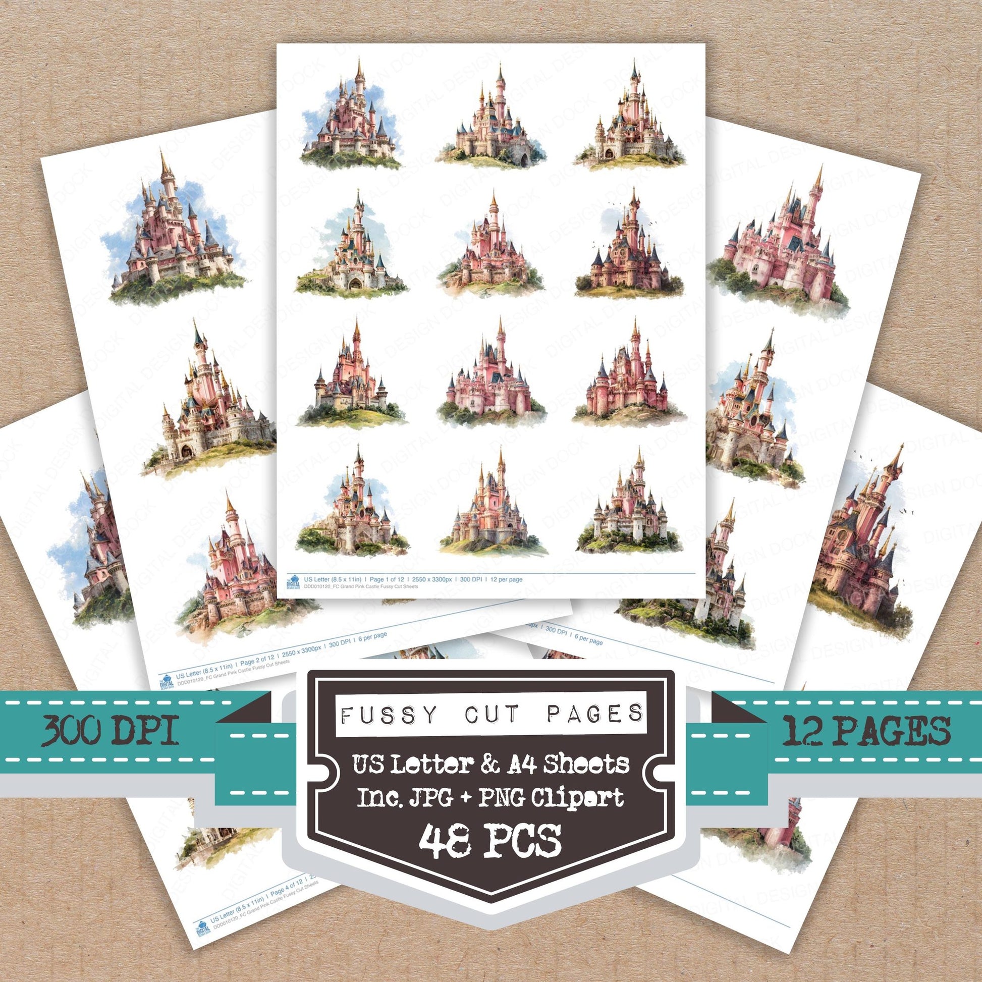 Grand Pink Castle fussy cut printable sheets for junk journaling, scrapbooking, and paper craft projects