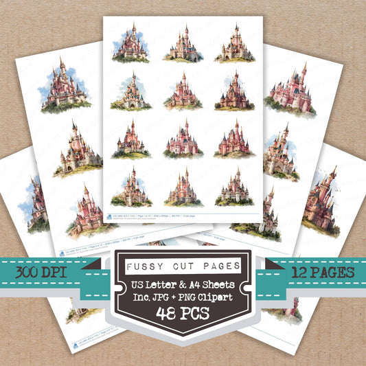 Grand Pink Castle fussy cut printable sheets for junk journaling, scrapbooking, and paper craft projects