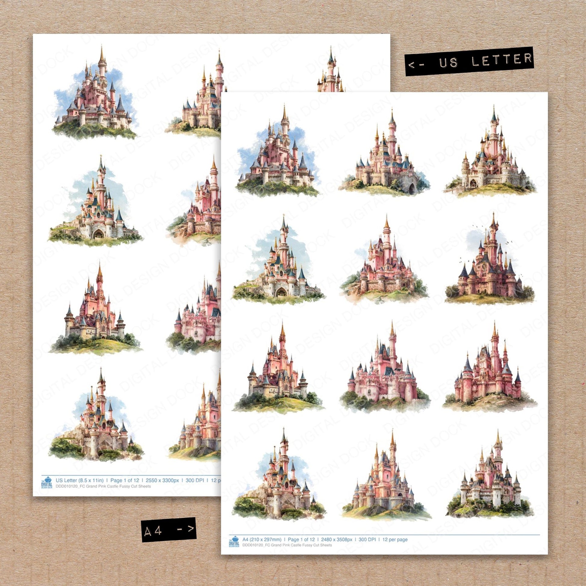 A4 and US Letter format comparison showing Grand Pink Castle fussy cut pages for print and cut crafting